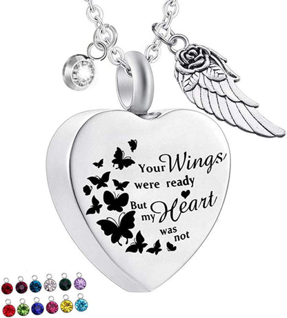 Heart Shape Cremation Urn Necklace for Ashes with 12 Birthstones Memorial Pendant - Your Wings Were Ready But My Heart Was Not - Image 4