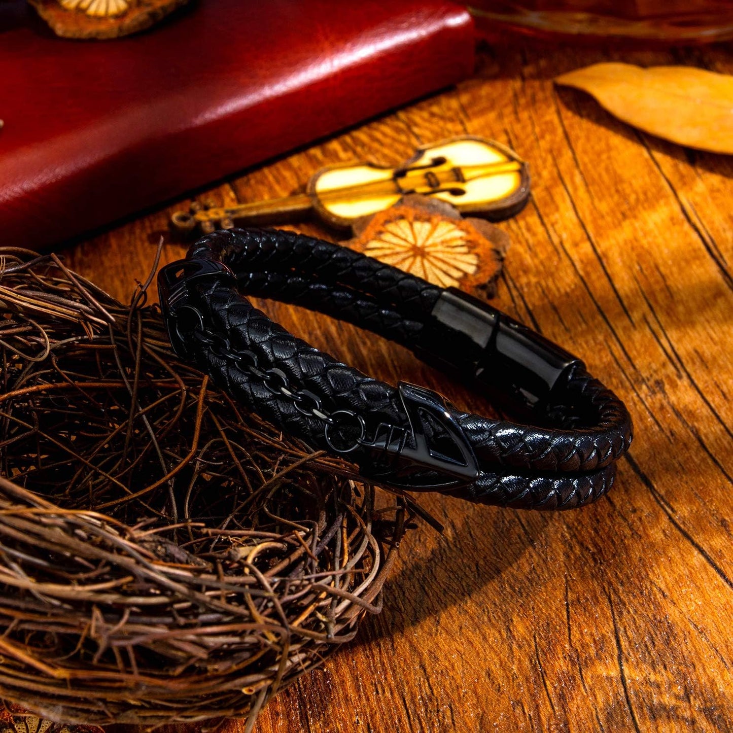 Mens Leather Bracelet with Stainless Steel Clasp Multi-Layer Braided Leather Mens Bracelet - Image 2