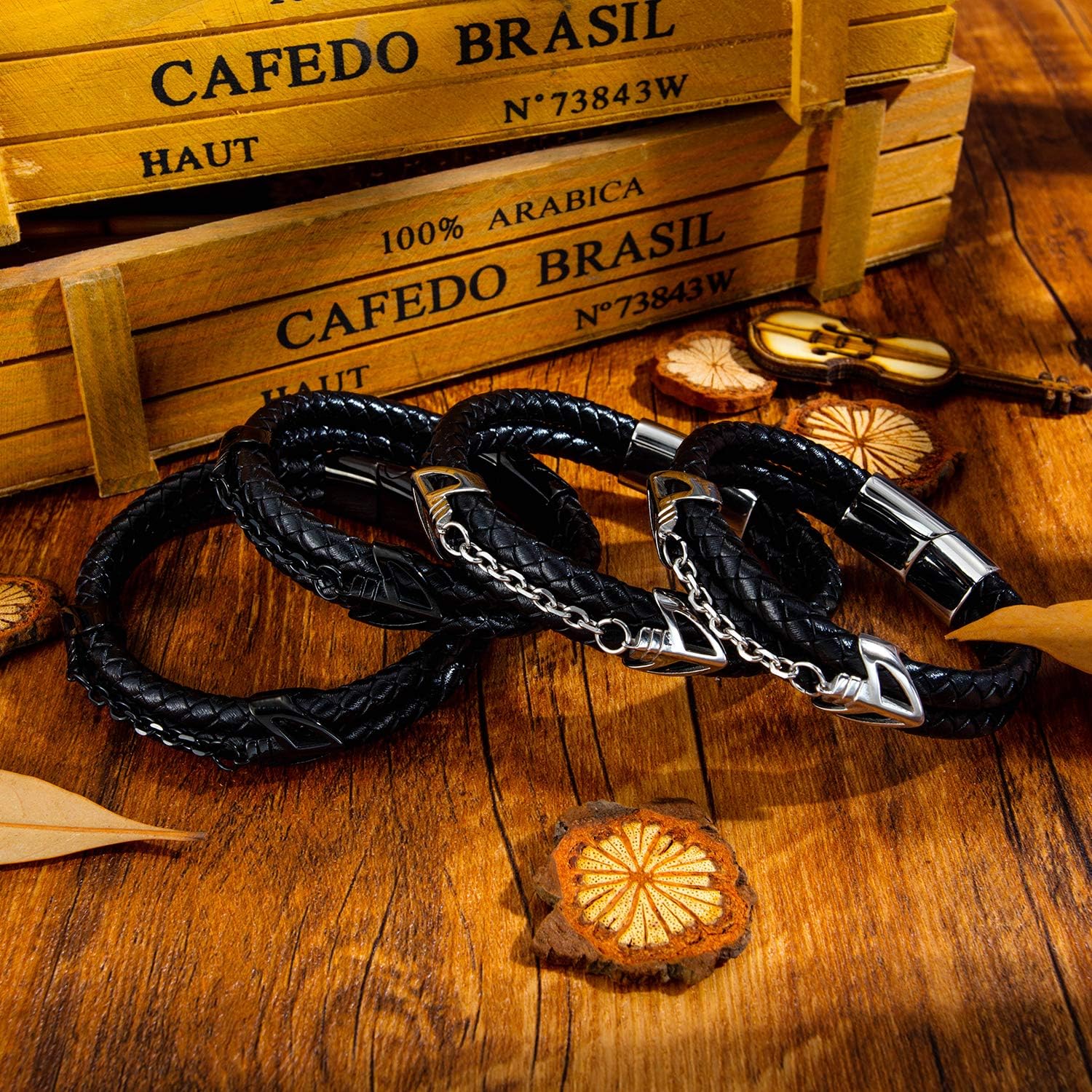 Mens Leather Bracelet with Stainless Steel Clasp Multi-Layer Braided Leather Mens Bracelet - Image 3