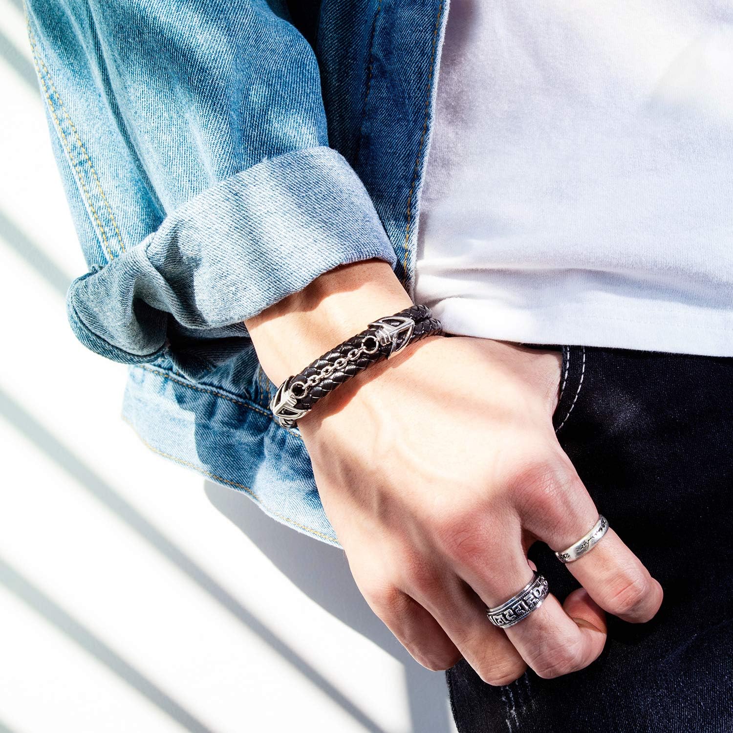 Mens Leather Bracelet with Stainless Steel Clasp Multi-Layer Braided Leather Mens Bracelet - Image 4