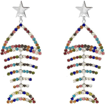 Multicolor Crystal CZ Fishbone Dangle Earrings for Women Statement Large Long Fish Skeleton Earrings