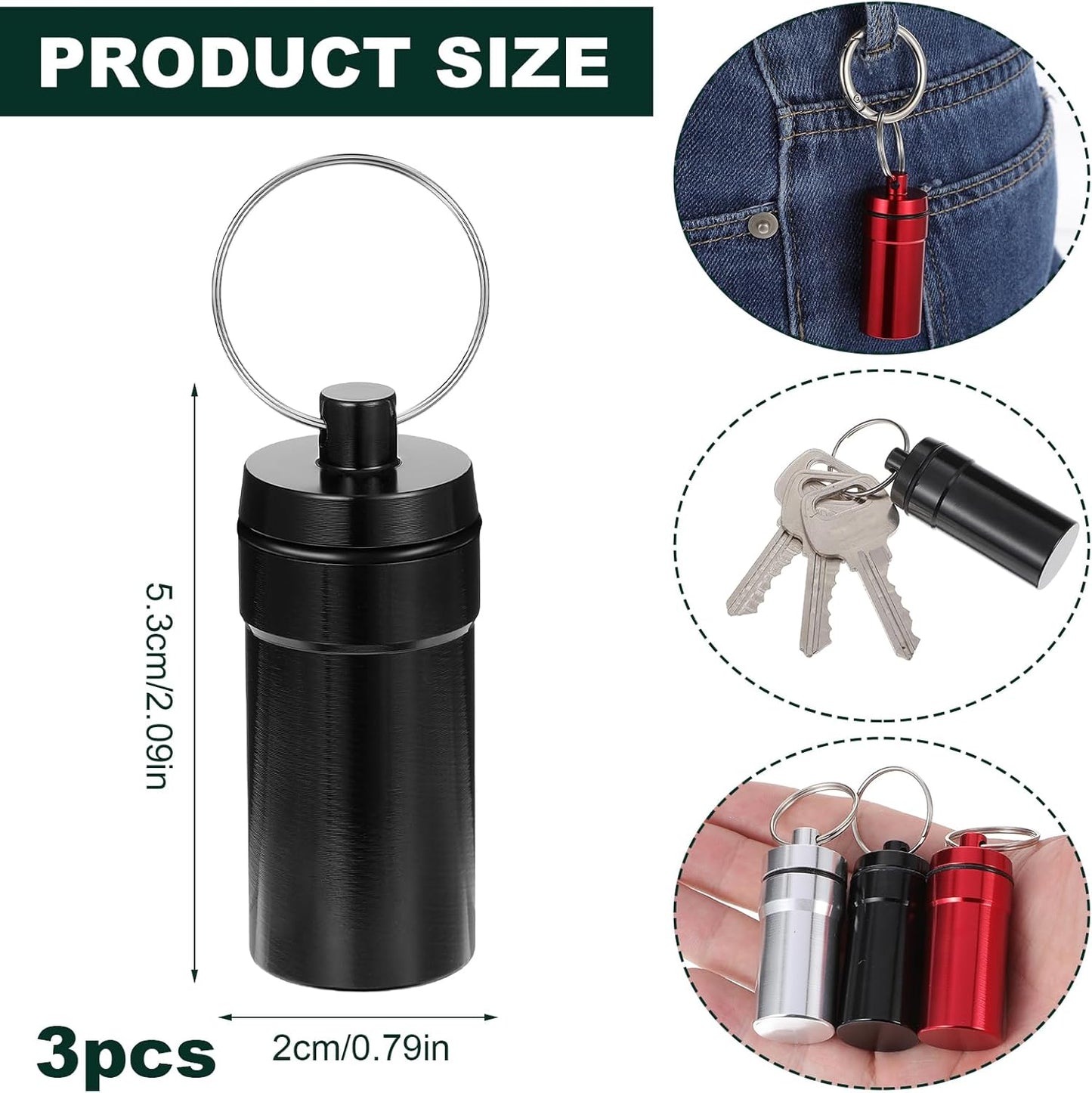 3 Pack Pill Fob Container, Waterproof Aluminum Pill Holder Keychain, Portable Mini Travel Pill Box, Nitroglycerin Pill Case for Pill Organizer Dispenser(Silver, Black, Red) - Image 2