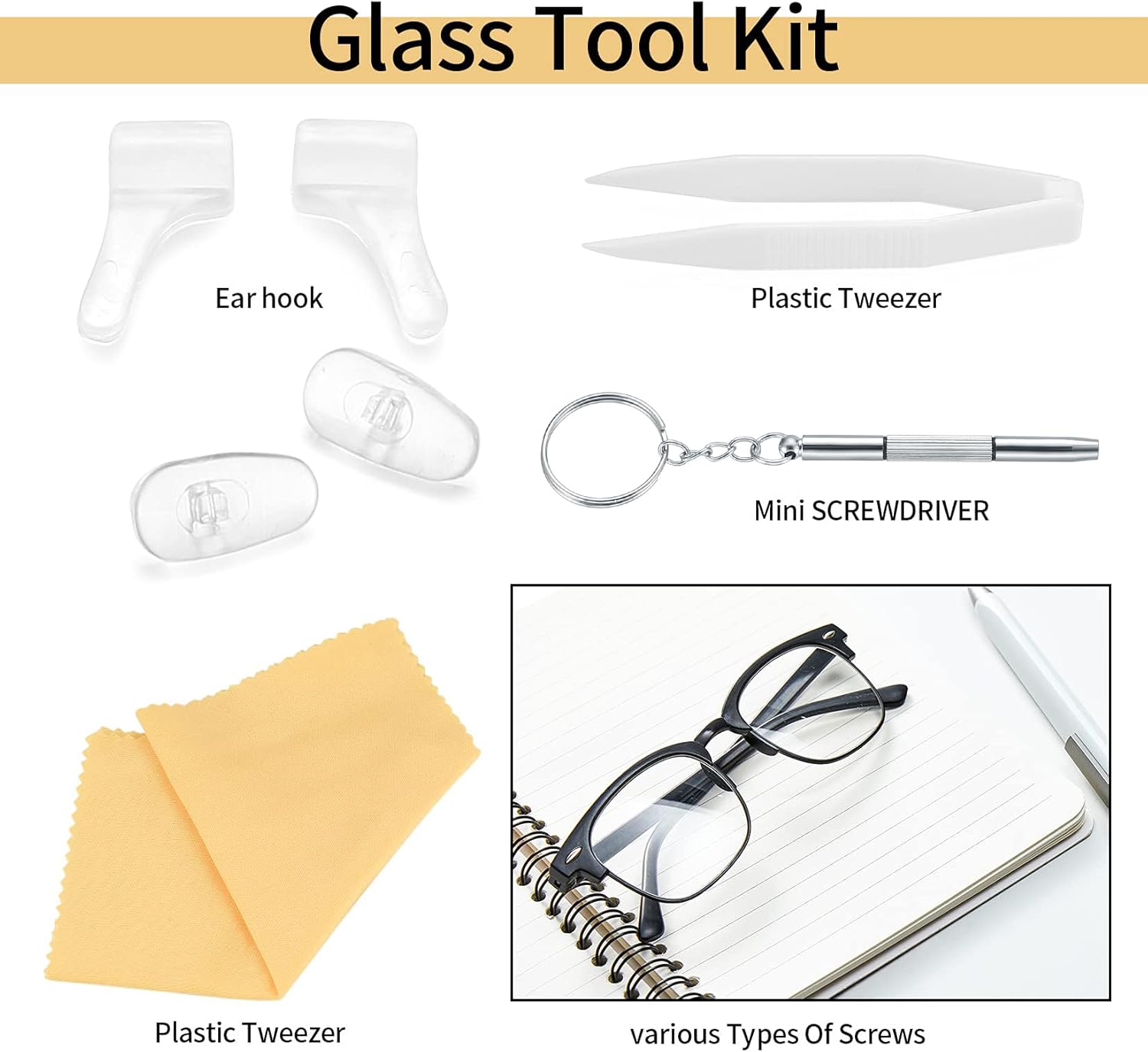 Eyeglasses Repair Kit, Sunglasses Repair Kit, Includes Glasses Screws and Screwdrivers, Glasses Nose Pads,Glasses Cloth, Tweezer, for Glasses, Sunglasses, Watch, Repair Kit - 500 Pcs - Image 3