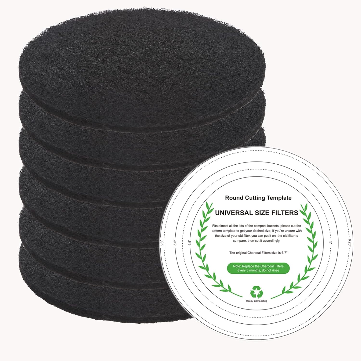 Charcoal Filters for Kitchen Compost Bin, 6 Pack Filters for Compost Pails Countertop Bin Replacement, Activated Charcoal Home Bucket Refill Sets, Round 6.7 Inch - Image 2