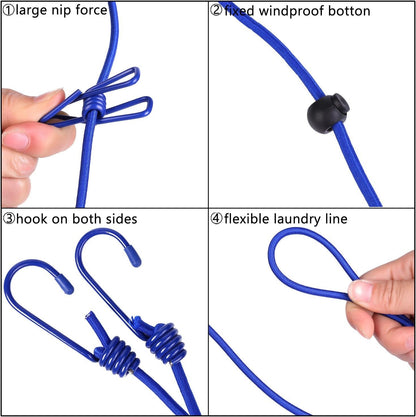 2 Pack 5.84 Feet Windproof Clothesline with 12 Blue Clips, Adjustable Clothes Line for Home, Travel and Outdoor Hanging Clothes - Image 4