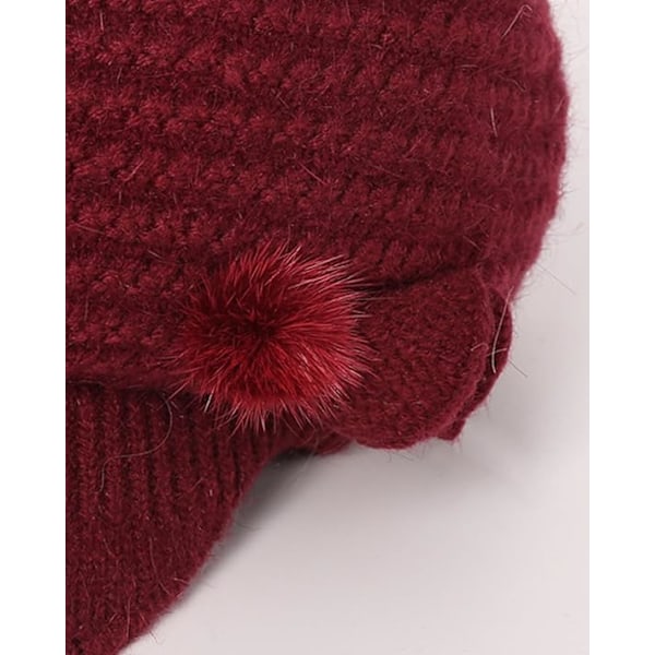 Winter Fleece Lined Thermal Hat for Women, Red Floral Knitted Beret with Brim - Image 5
