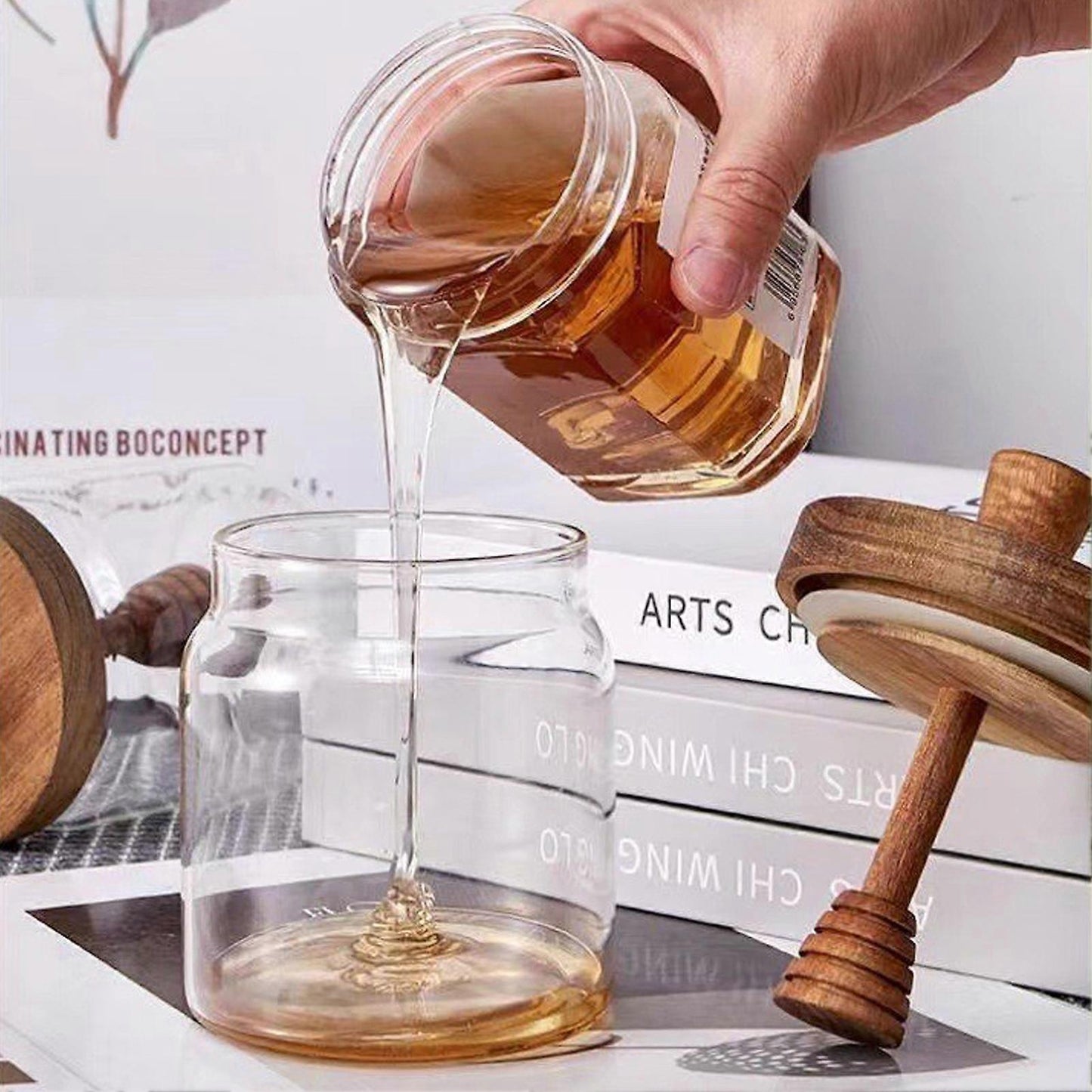 Honey Jar Set 500ml Glass with Wooden Spoon Lid, Airtight Transparent Honey Pot for Easy Monitoring, Wide Opening - Image 4