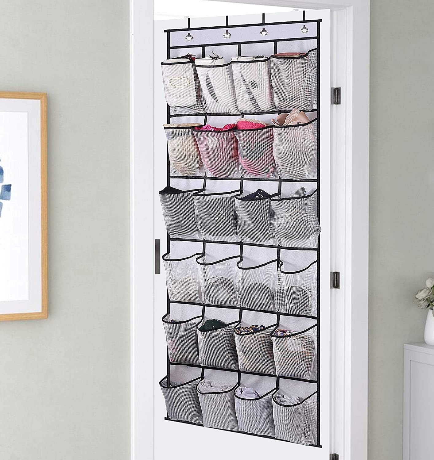 Over the Door Shoe Storage Organizer with 24 Large Mesh Pockets White - Image 2