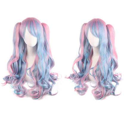 Lolita Clip-on Ponytail Wig Long Curly Double Ponytail Cosplay Wig Pink Blue Blonde - Image 2