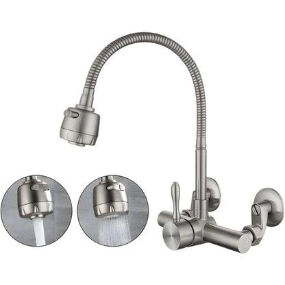 Wall Mounted Kitchen Faucet, Food Grade 304 Stainless Steel Material, 360° Rotatable Wall Mounted Kitchen Faucet 12CM-18CM Mounting Hole