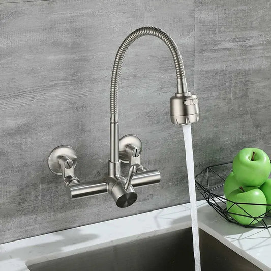 Wall Mounted Kitchen Faucet, Food Grade 304 Stainless Steel Material, 360° Rotatable Wall Mounted Kitchen Faucet 12CM-18CM Mounting Hole - Image 2
