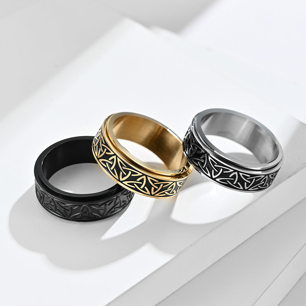 Nordic Norwegian Viking Triangle Knot Rotatable Titanium Steel Ring for Men and Women Relaxing Finger Ring Hand Forged - Image 5