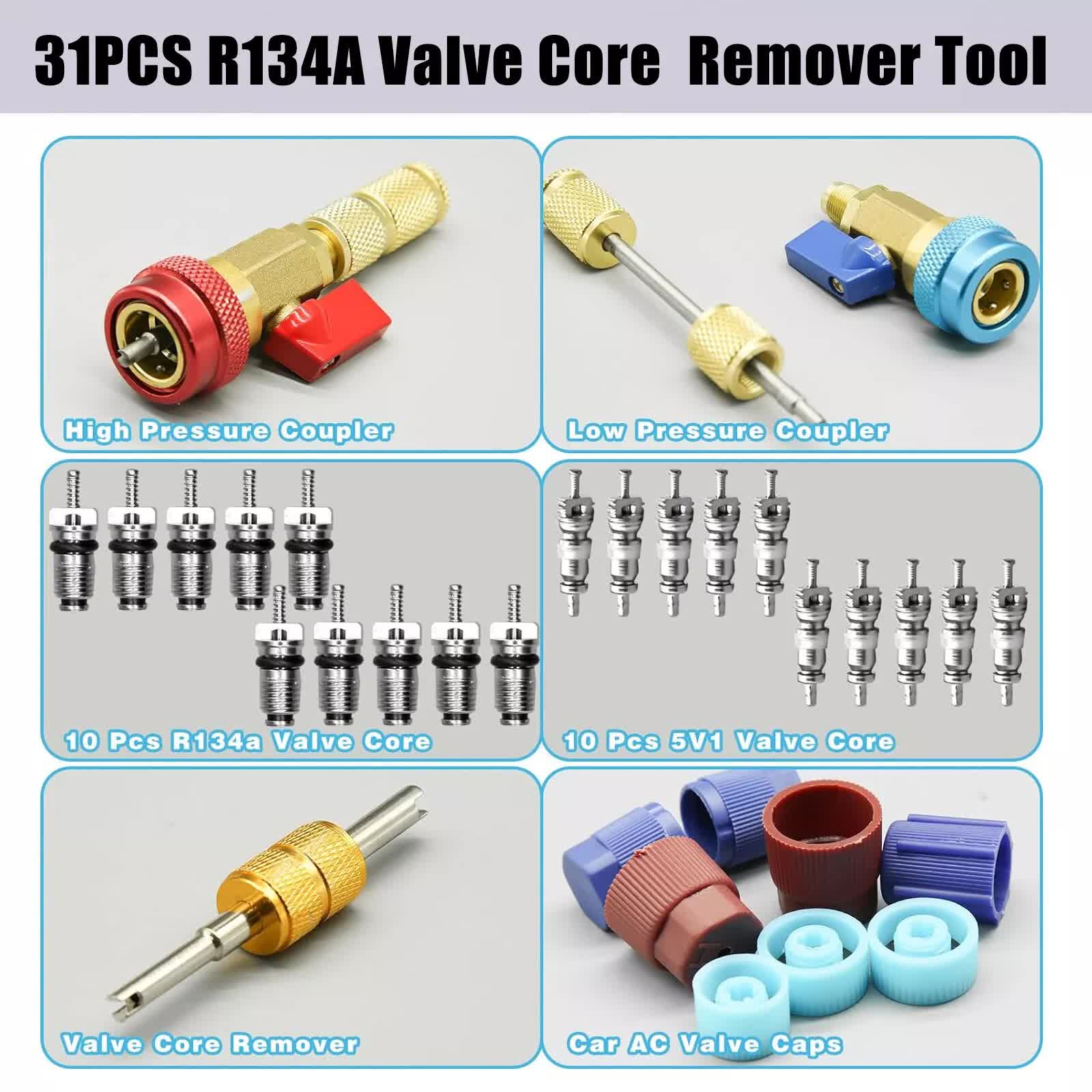 Professional Car AC Repair Kit with Quick Release for R134A Systems, Schrader Valve Core Removal Tool Compatible with High and Low Pressure - Image 2