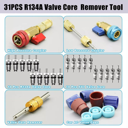Professional Car AC Repair Kit with Quick Release for R134A Systems, Schrader Valve Core Removal Tool Compatible with High and Low Pressure - Image 2
