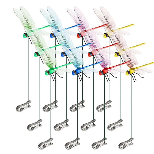 12pcs Artificial 3D Dragonfly Clips for Outdoor Garden Decor, Gardening