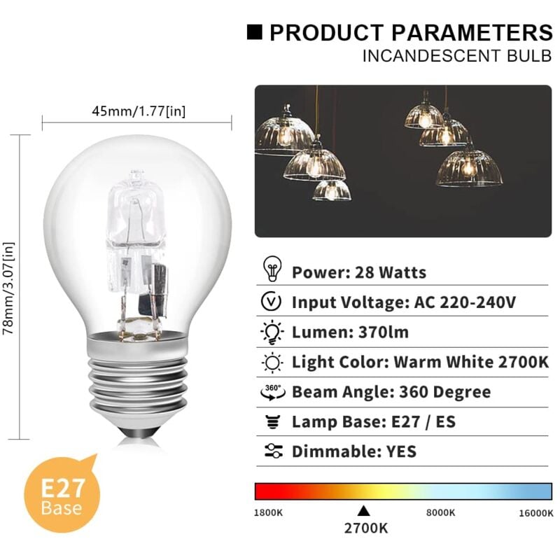 E27 Halogen Bulbs 6-Pack, 28W G45 Dimmable Warm White 2700K Golf Ball Clear Blub, Compatible with Chandeliers - Image 3