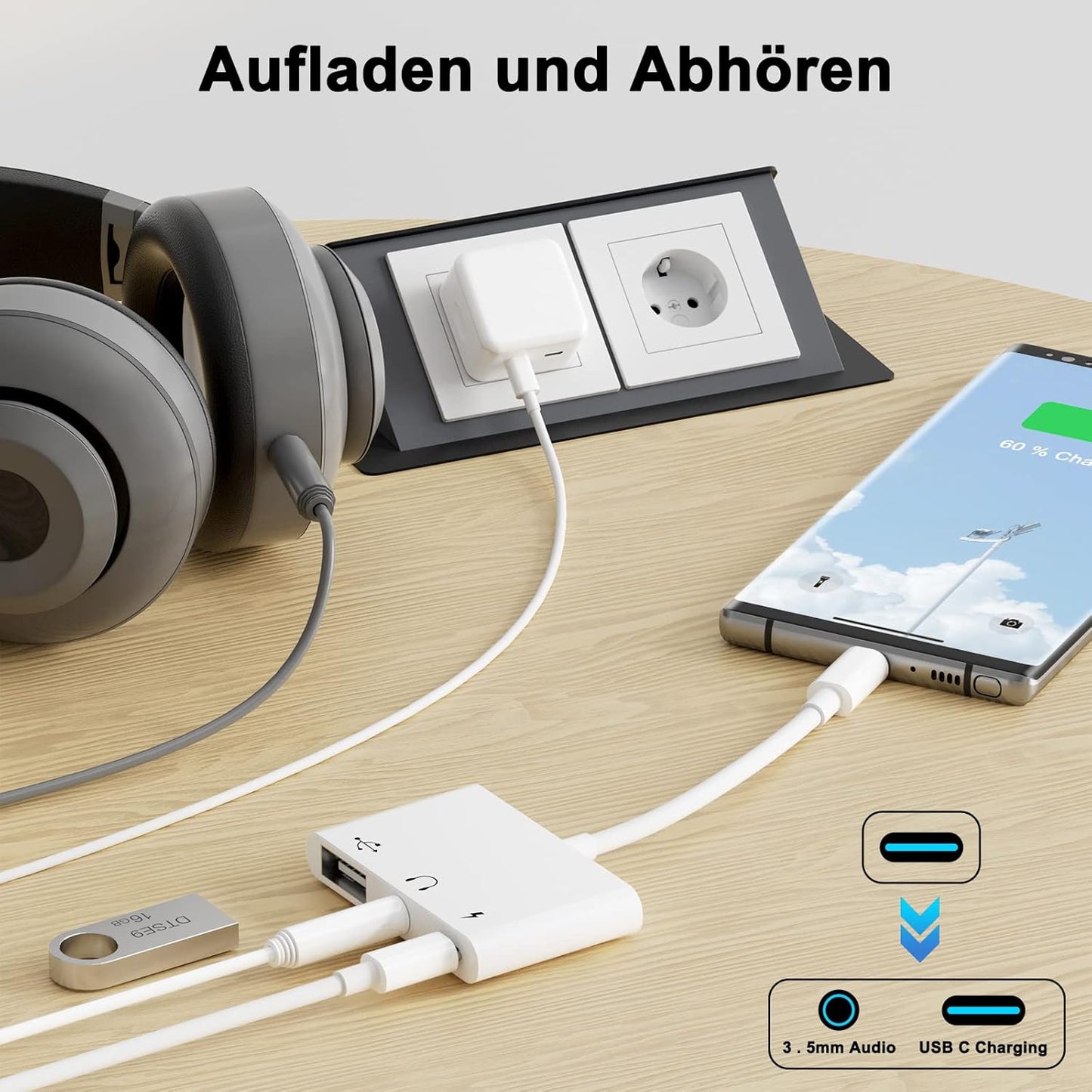 USB C to 3.5mm Jack Audio Adapter with Fast Charging OTG White - Image 5