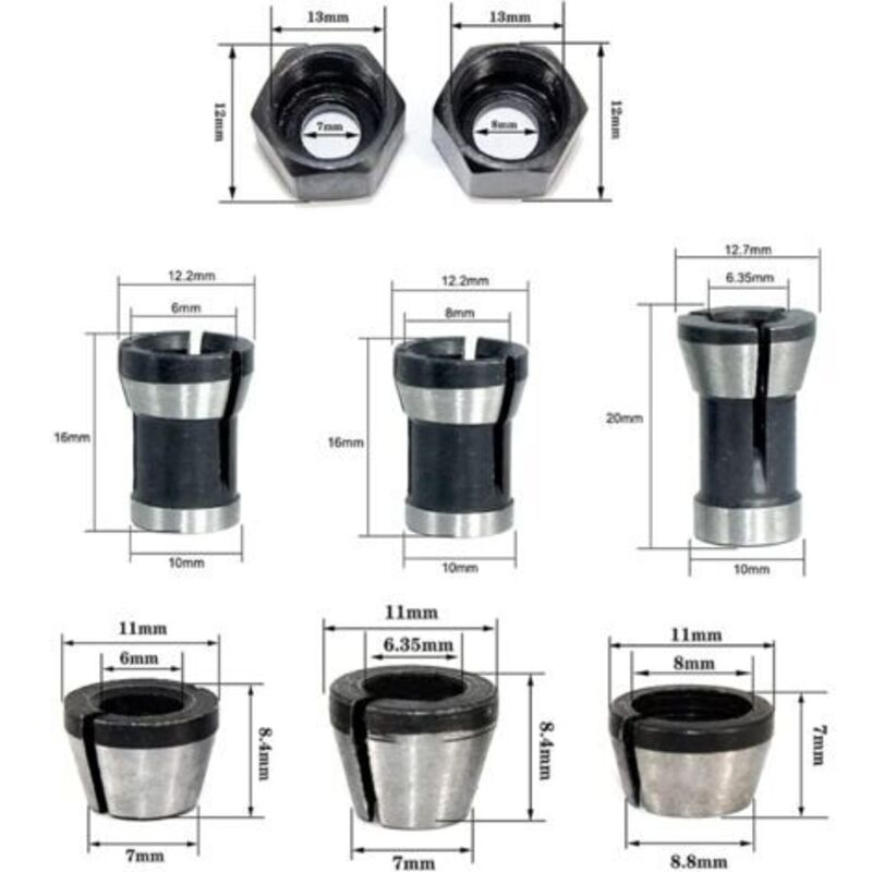 Router Collet Set of 6 - 6mm 6.35mm 8mm Countersunk Milling Chuck Collet Adapter - Image 2