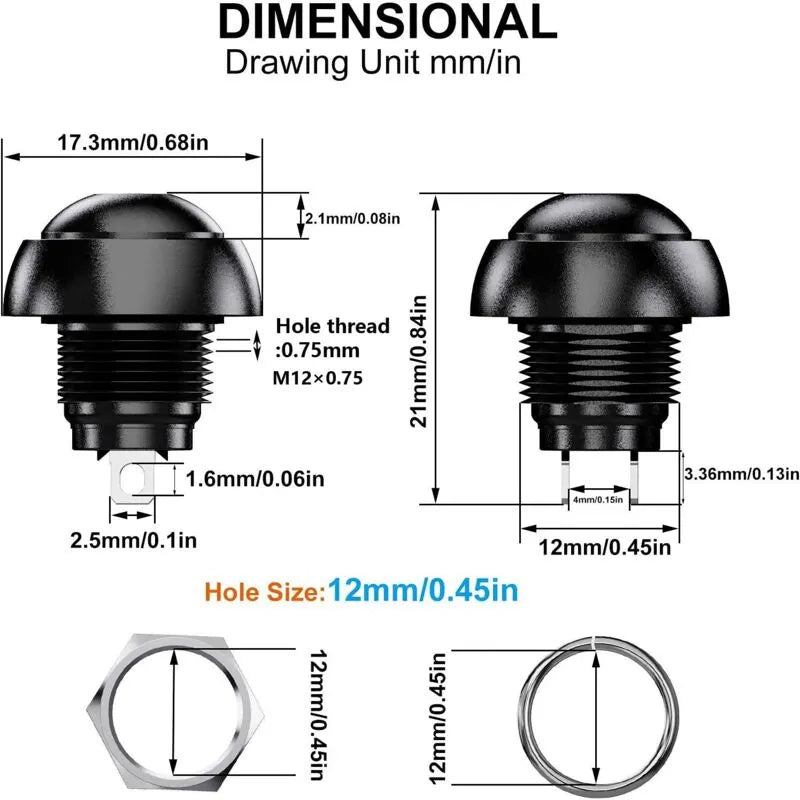Waterproof Momentary Push Button Switch SPST 12mm ON/OFF Compatible with Car Horn PC Lamp Doorbell 12pcs 3A 3-230VAC - Image 2