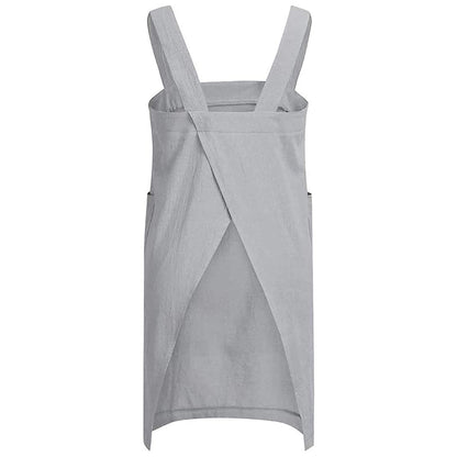 Gray Women's Cotton and Linen Apron with Cross Back and Large Pocket, Size M - Image 2
