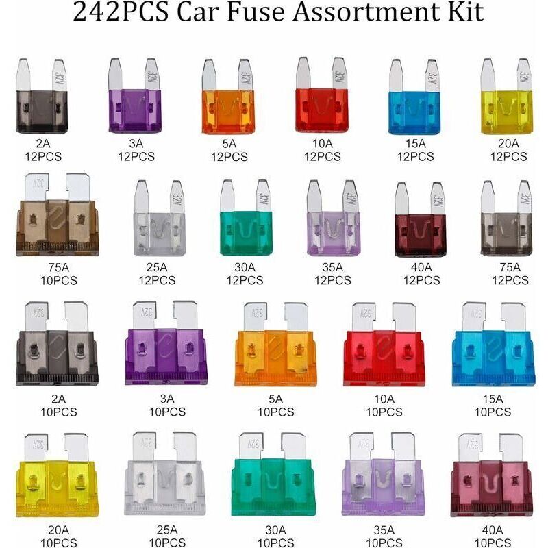 Car Fuse Auto Mini Fuses Assorted Kit 2A 3A 5A 7.5A 10A 15A 20A 25A 30A 35A 40A with Clip Storage Box 242 pcs, by DEBUNS - Image 3