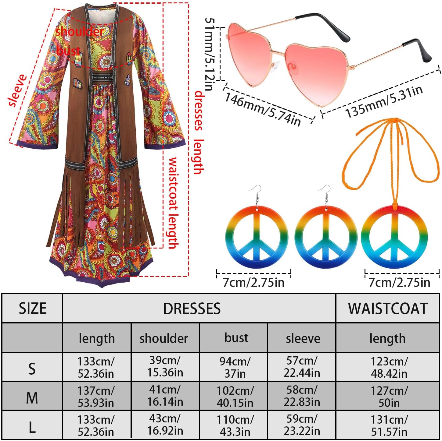 60s costume women, hippie women's dress set, 70s disco halloween outfits, hippie clothing women's costume, 60s clothing accessories L - Image 2