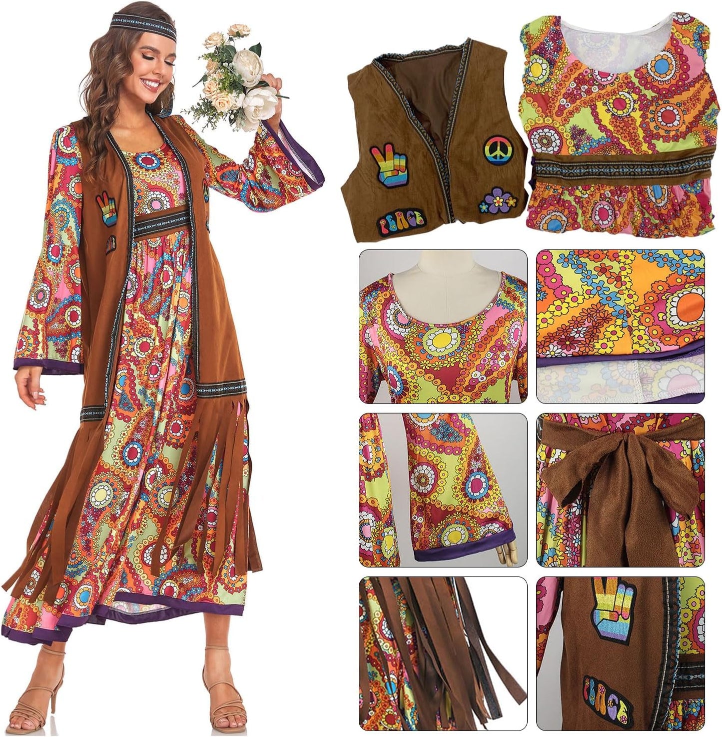 60s costume women, hippie women's dress set, 70s disco halloween outfits, hippie clothing women's costume, 60s clothing accessories L - Image 4