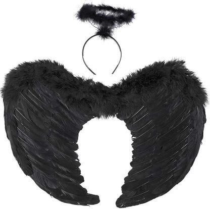 Black Angel Wings Costume - 45cm, with Halo, Compatible with Women Girls Fallen Feather Wings