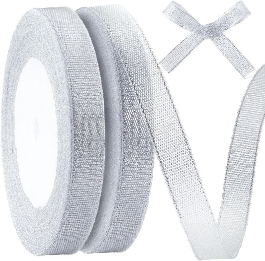 1/2in 50 Yard Silver Ribbon for Gift Wrapping, Glossy Sheer Satin Ribbon, Glitter Thin Fabric for Christmas Halloween Wedding Birthday Party Valentines Day Bouquet Decoration
