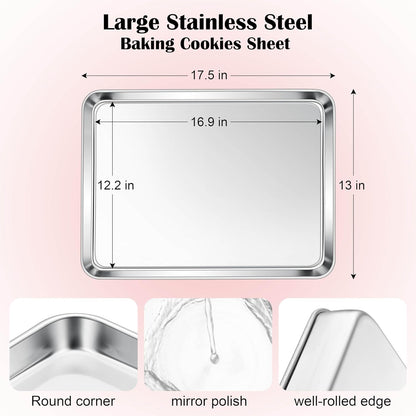 Cookie Sheet for Baking, 18”x13” Stainless Steel Baking Sheet Pan for Oven, Large Non Toxic Metal Baking Tray for Cake Cookies, Healthy & Rust Free, Mirror Finish & Dishwasher Safe, 1 Pack - Image 2