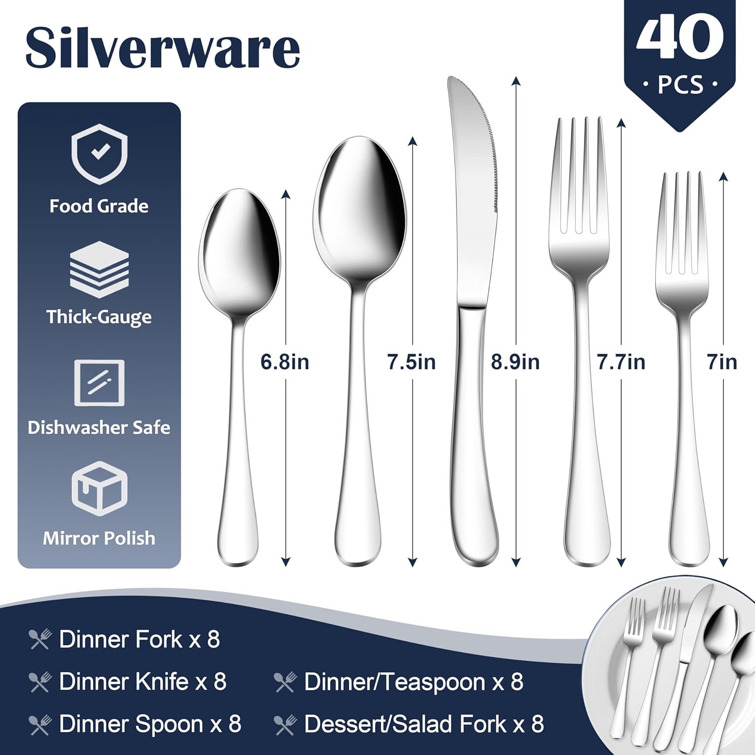 Heavy Duty Silverware Set for 8, 40-Piece Stainless Steel Flatware Cutlery Set, Thick Metal Eating Utensils Including Forks and Spoons Knife, Heavy Weight & Mirror Finish, Dishwasher Safe - Image 2