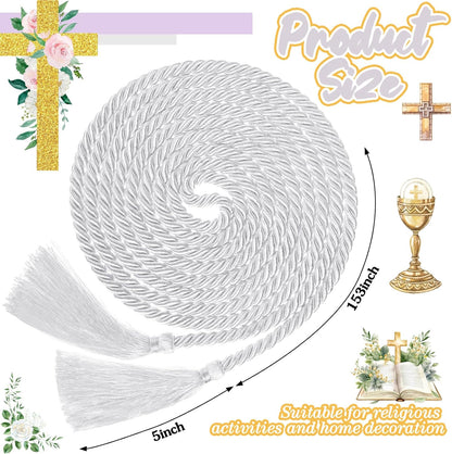 153 Inch Cincture Clergy Rope with Tassels Monks Religious Rites Celebrating Masses Alba Robes Vestments Ceremonial Decor of Christian Denominations for Priest Deacon Altar Server (White) - Image 2
