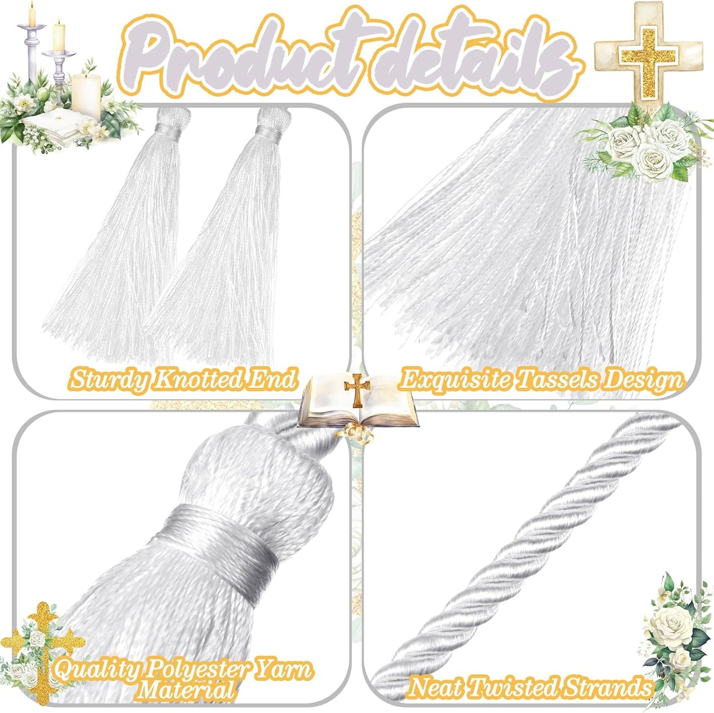 153 Inch Cincture Clergy Rope with Tassels Monks Religious Rites Celebrating Masses Alba Robes Vestments Ceremonial Decor of Christian Denominations for Priest Deacon Altar Server (White) - Image 3