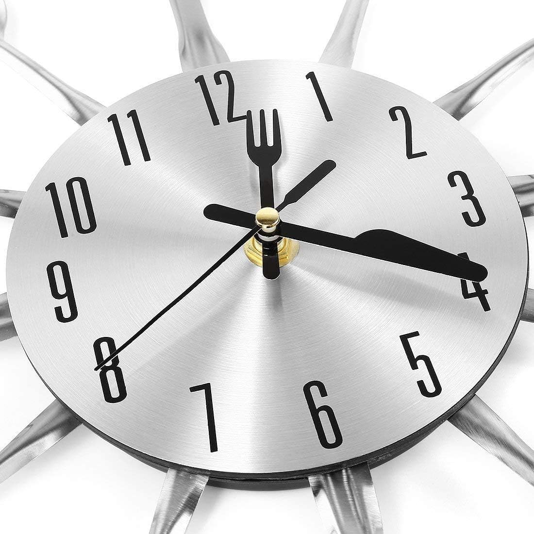 Metal Kitchen Cutlery Wall Clock 14 Inch with Fork Spoon 3D Non Ticking Quartz Watch Clock for Bedroom Home Decor,Silver - Image 2