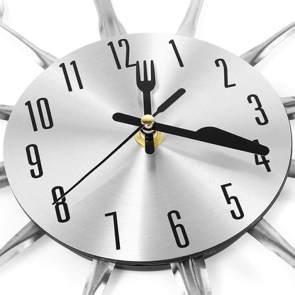 Metal Kitchen Cutlery Wall Clock 14 Inch with Fork Spoon 3D Non Ticking Quartz Watch Clock for Bedroom Home Decor,Silver - Image 2
