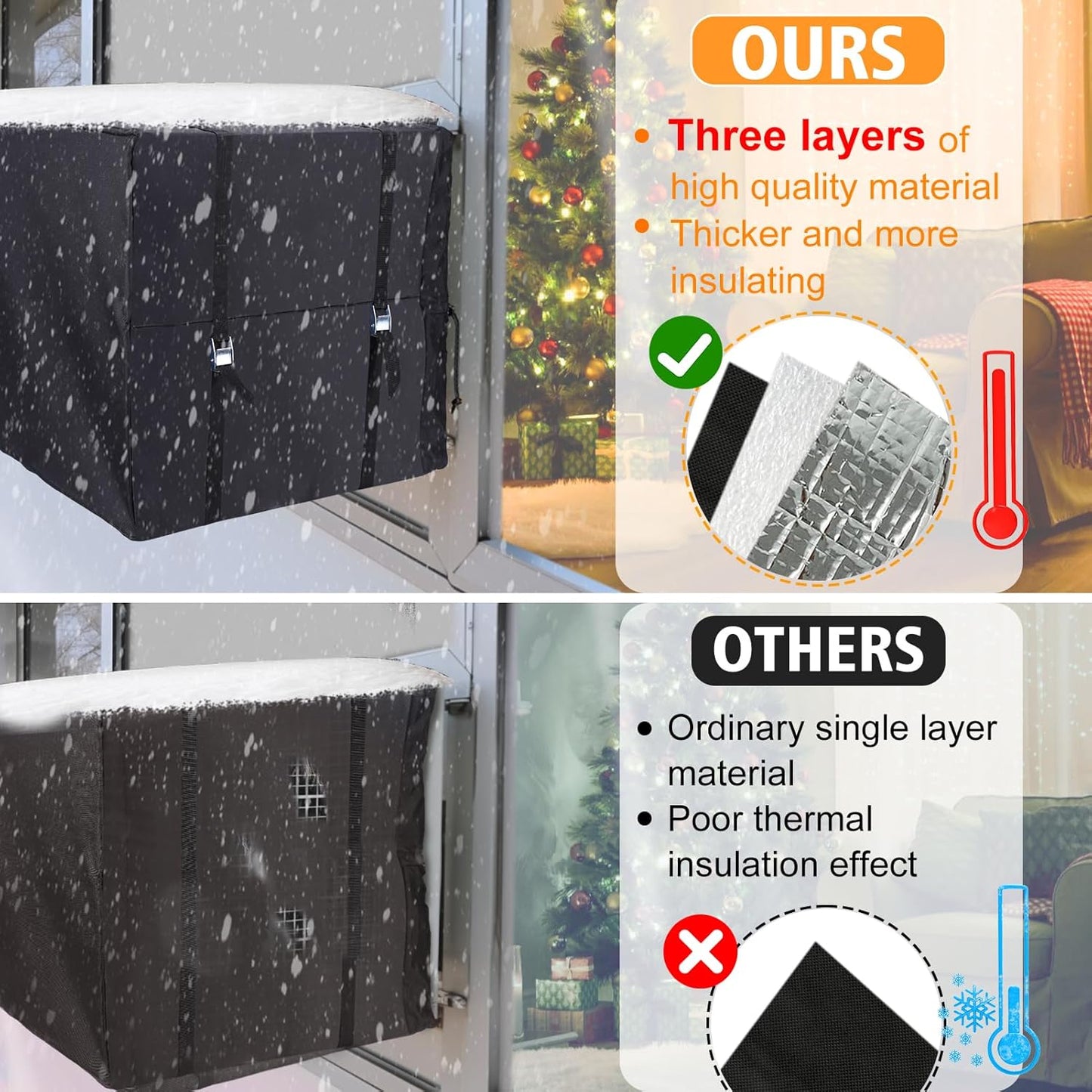 Air Conditioner Covers for Window Units - 3 Layers Insulation Outside AC Cover with Elastic Drawstring Metal Buckle Strap, Outdoor Winter Waterproof AC Canopy Sun Shade - 27.5 × 22.5 × 18.5 Inch - Image 3