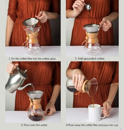 Pour Over Coffee Maker,Reusable Glass Coffee Pot Manual Dripper Brewer Hand Drip with Stainless Steel Filter for Home Travel (14 oz/400 ml) - Image 2