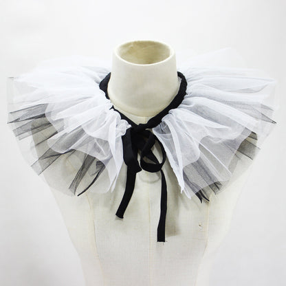 Women's Renaissance Tulle Ruffled False Collar Layered Black White Mesh Clown Choker Lace Up Victorian Neck Ruff Shawl Cosplay Props - Image 2