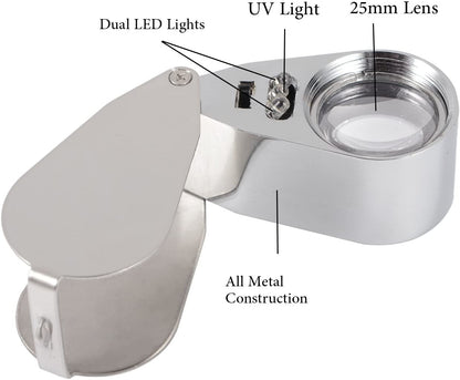 Jewelers Loupe 40X Magnification Metal Foldable Loupe with LED & UV Light - Image 3