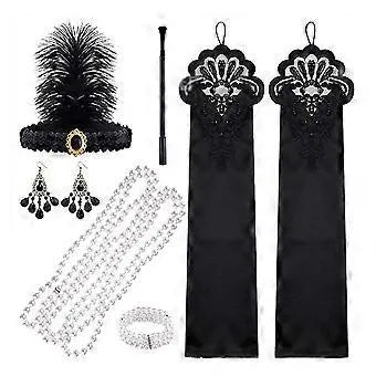 1920s Flapper Accessories Set with Headband Pearl Necklace Bracelet Earrings Gloves