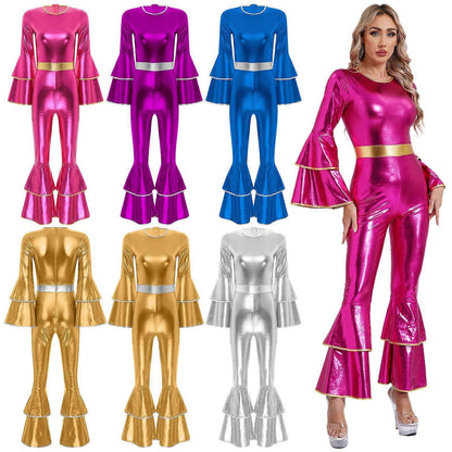 Bell Bottom Jumpsuit Royal Blue M Vintage 70s Disco Shiny Romper Cheerleading Uniform for Halloween Cosplay Theme Party and Muscle Suit - Image 2