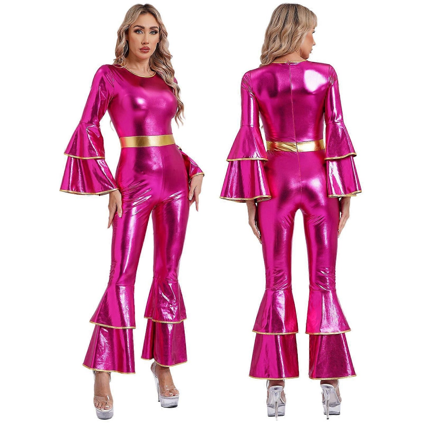 Bell Bottom Jumpsuit Royal Blue M Vintage 70s Disco Shiny Romper Cheerleading Uniform for Halloween Cosplay Theme Party and Muscle Suit - Image 3