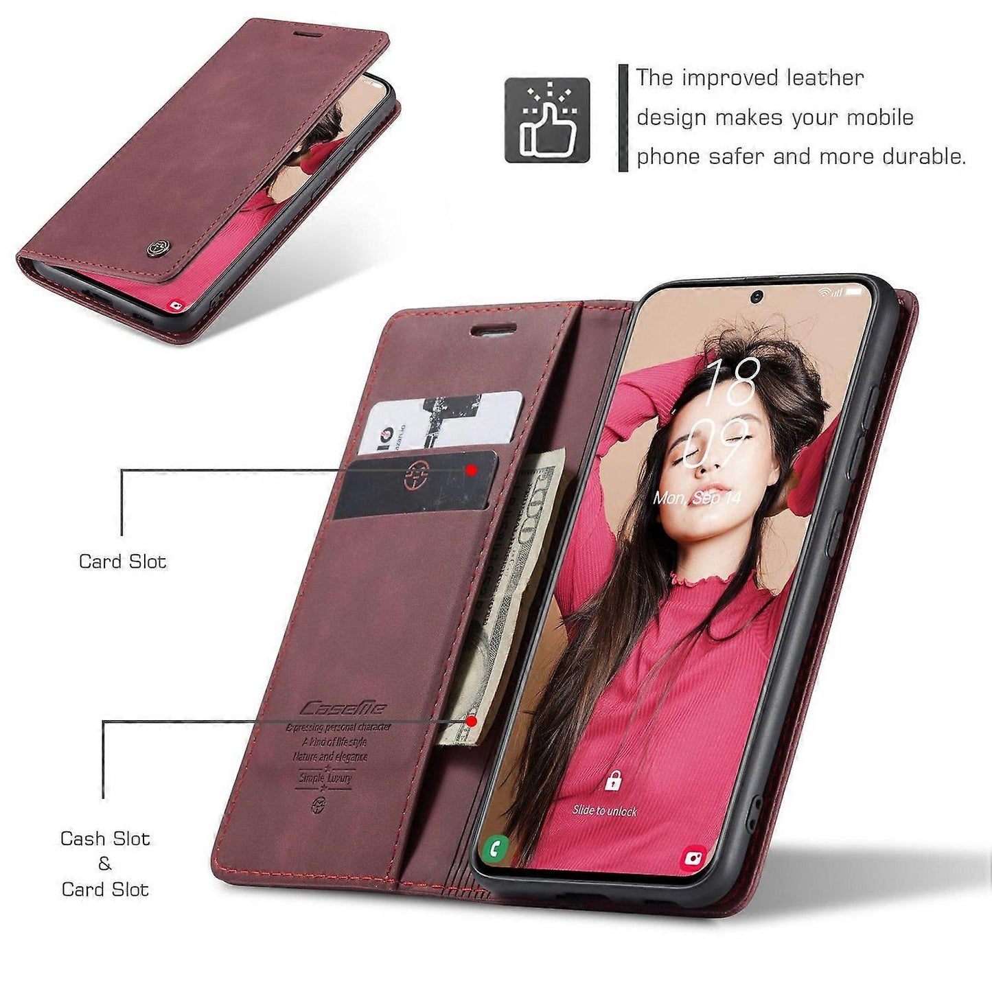 Compatible with Samsung Galaxy S21 FE Wallet Case Stand with Automatic Suction PU Leather Case Red Samsung - Image 5
