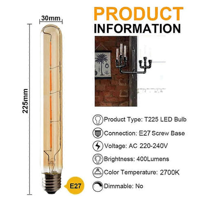 5-pack T225 Long Tube Bulbs, LED Edison Filament, 6W E27 Socket Warm White, Yellow Glass for Decorative Light Bulb, AC 220-240V—yux - Image 2