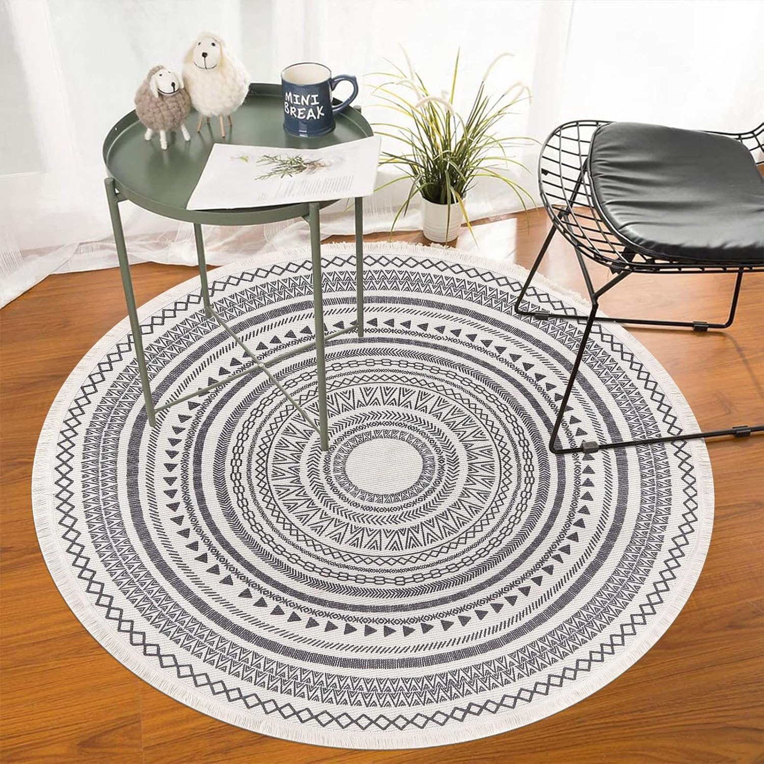 Moroccan Style Grey Round Woven Cotton Washable Absorbent Rug 120cm with Fringes - Image 2