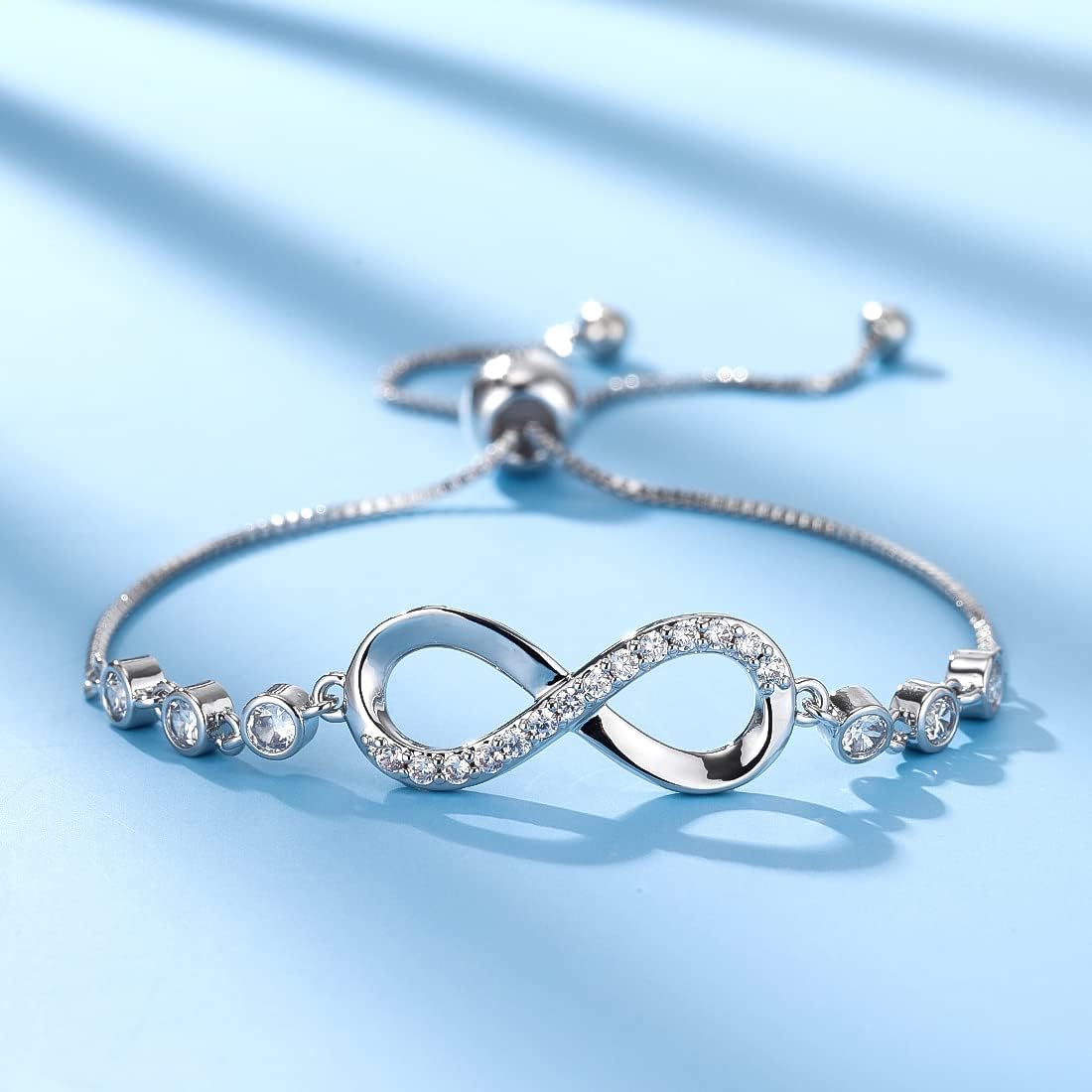 925 Sterling Silver Infinity Love Heart Bracelet with Cubic Zirconia Adjustable for Women - Image 2