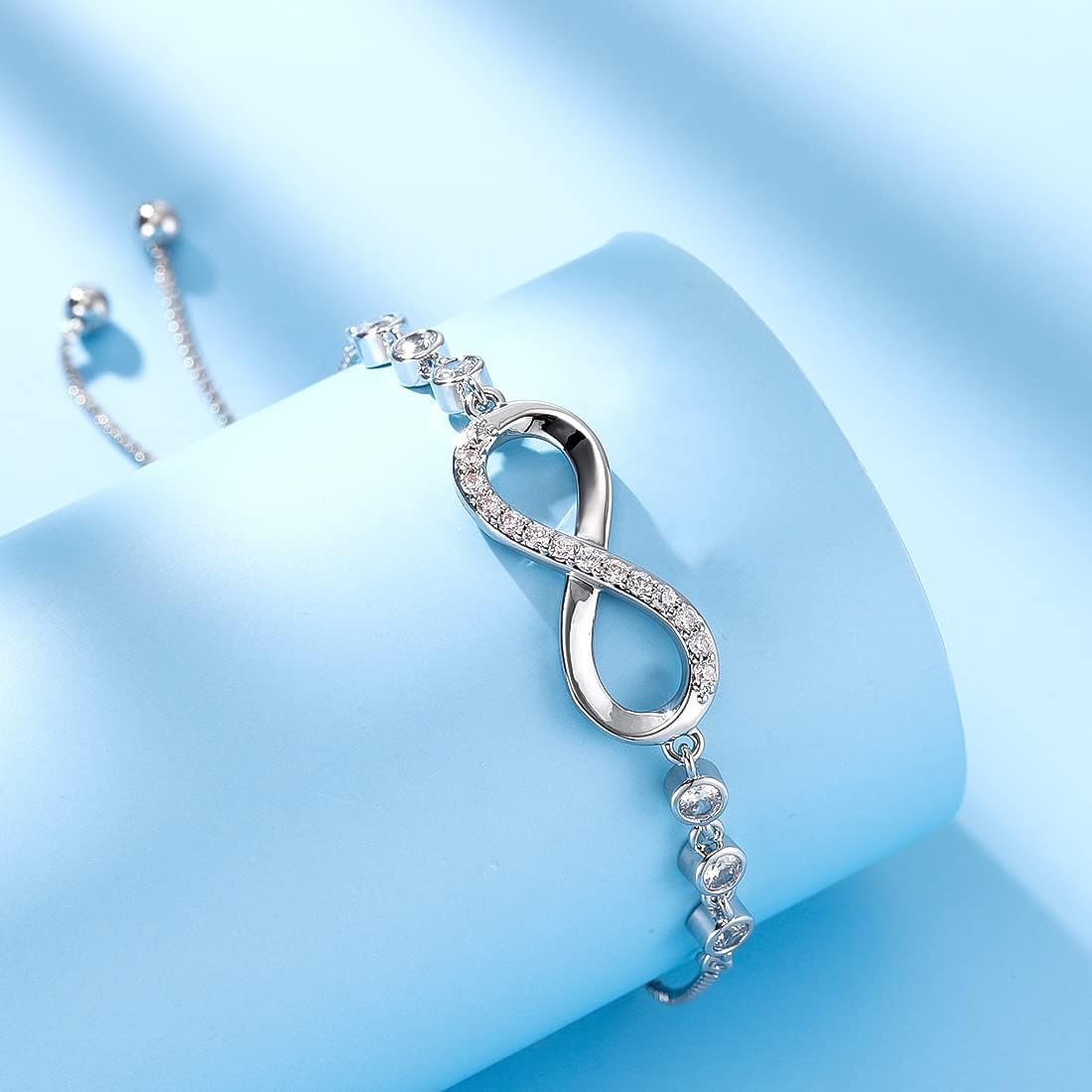 925 Sterling Silver Infinity Love Heart Bracelet with Cubic Zirconia Adjustable for Women - Image 3