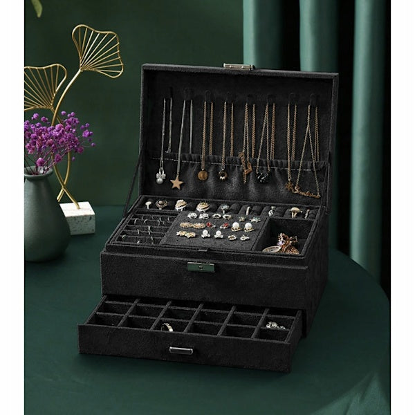 Black Jewelry Box with Key Lock and Multiple Compartments Black—yux - Image 7