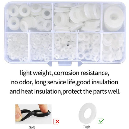Nylon Flat Washers Assortment Kit, 500 Pieces, White, M2 M2.5 M3 M4 M5 M6 M8 M10 Insulation Round Spacers - Image 3