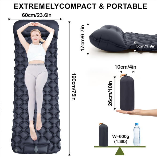 Camping Mattress Self-Inflating Lightweight Compact Single Double Attachable Inflatable Mat Navy - Image 2